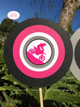 Load image into Gallery viewer, Dirt Bike Birthday Party Centerpiece Set Girl Pink Motocross Motorcycle Racing Race Track Sports Trail Boogie Bear Invitations Roxanne Theme