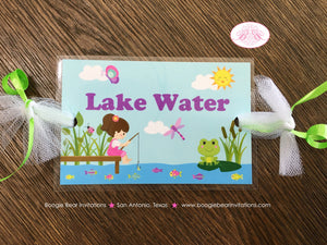 Fishing Girl Party Beverage Card Wrap Drink Label Birthday Pink Purple Lake River Pond Fish Pole Hole Boogie Bear Invitations Vada Theme