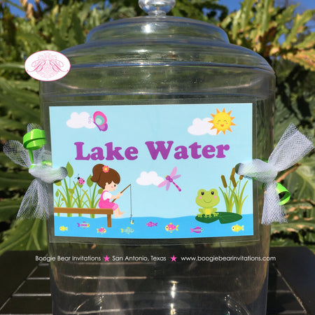 Fishing Girl Party Beverage Card Wrap Drink Label Birthday Pink Purple Lake River Pond Fish Pole Hole Boogie Bear Invitations Vada Theme