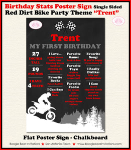 Dirt Bike Birthday Party Sign Stats Poster Flat Frameable Chalkboard Milestone Black Red Girl Boy 1st Boogie Bear Invitations Trent Theme
