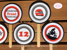Load image into Gallery viewer, Red Dirt Bike Birthday Party Cupcake Toppers Set Black Enduro Motocross Motorcycle Sports Off Road Track Boogie Bear Invitations Trent Theme