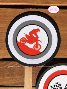 Red Dirt Bike Birthday Party Cupcake Toppers Set Black Enduro Motocross Motorcycle Sports Off Road Track Boogie Bear Invitations Trent Theme