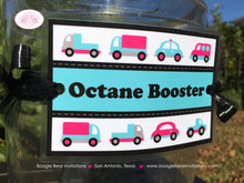 Load image into Gallery viewer, Pink Cars &amp; Trucks Party Beverage Card Wrap Birthday Drink Label Girl Black Aqua Blue Road Trip Travel Boogie Bear Invitations Sally Theme