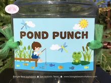 Load image into Gallery viewer, Fishing Boy Party Beverage Card Wrap Drink Label Birthday Blue Green Lake River Pond Fish Pole Hole Boogie Bear Invitations Vander Theme