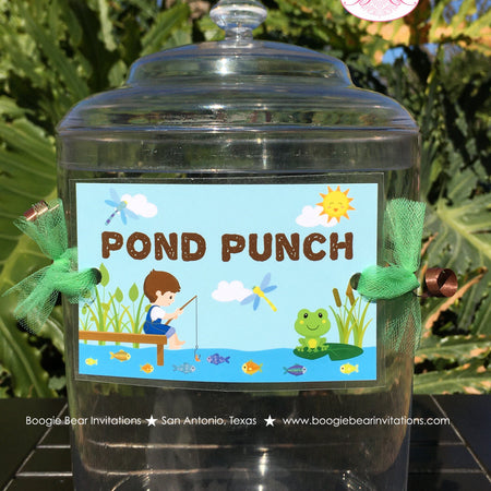 Fishing Boy Party Beverage Card Wrap Drink Label Birthday Blue Green Lake River Pond Fish Pole Hole Boogie Bear Invitations Vander Theme