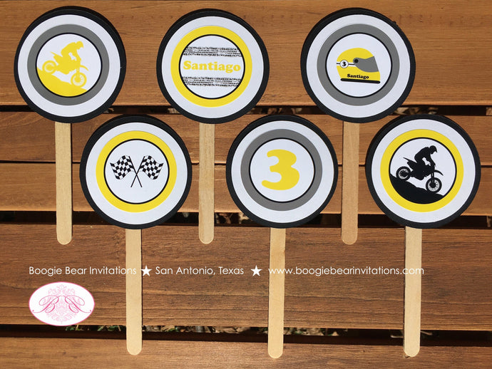 Yellow Dirt Bike Birthday Party Cupcake Toppers Set Black Enduro Motocross Motorcycle Sports Off Road Boogie Bear Invitations Santiago Theme