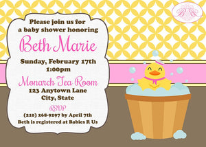 Yellow Rubber Duck Baby Shower Invitation Little Duckie Ducky Pink Girl Bath Boogie Bear Invitations Beth Theme Paperless Printable Printed