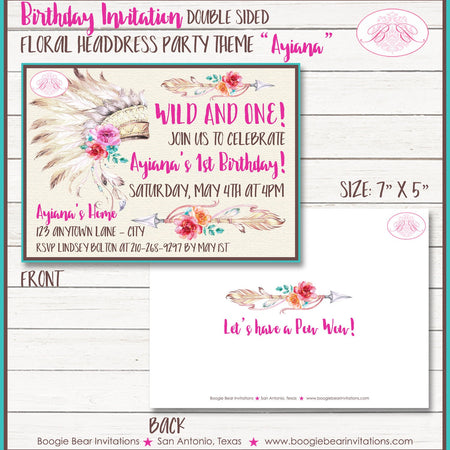 Pink Headdress Birthday Party Invitation Girl Teepee Arrow Tipi Flower Wild Boogie Bear Invitations Ayiana Theme Paperless Printable Printed