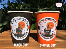 Load image into Gallery viewer, Halloween Party Beverage Cups Paper Drink Birthday Haunted House Orange Black Bat Full Moon Spooky Boogie Bear Invitations Hitchcock Theme