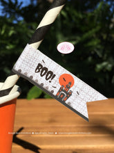 Load image into Gallery viewer, Halloween Party Straws Pennant Paper Birthday Haunted House Orange Black Bat Full Moon Spooky Modern Boogie Bear Invitations Hitchcock Theme