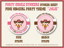 Load image into Gallery viewer, Pink Cowgirl Birthday Party Stickers Circle Sheet Round Circle Girl Lasso Brown Country Horse Farm Barn Boogie Bear Invitations Julie Theme