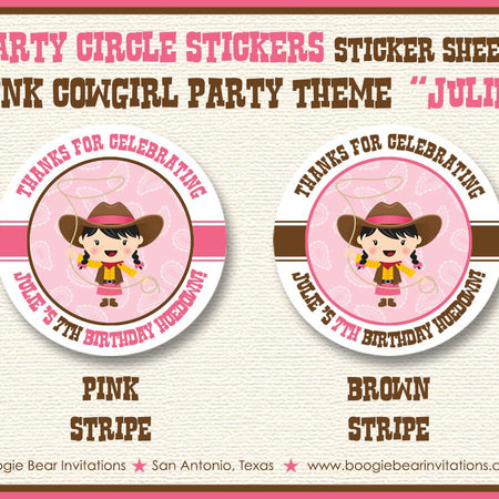Pink Cowgirl Birthday Party Stickers Circle Sheet Round Circle Girl Lasso Brown Country Horse Farm Barn Boogie Bear Invitations Julie Theme