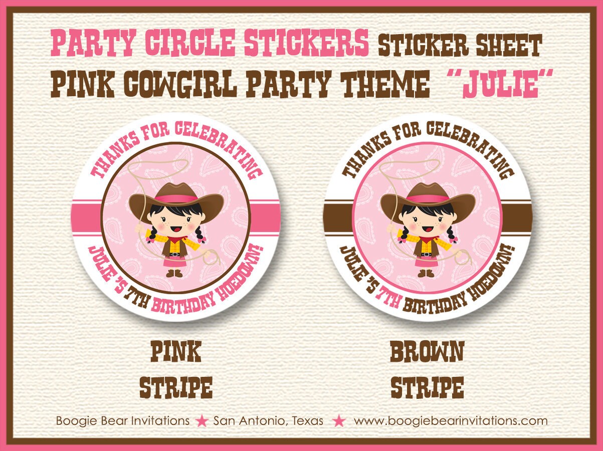 Pink Cowgirl Birthday Party Stickers Circle Sheet Round Circle Girl Lasso Brown Country Horse Farm Barn Boogie Bear Invitations Julie Theme