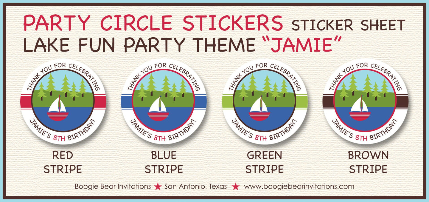 Lake Fun Party Circle Stickers Birthday Sheet Round Boy Girl Swim Swimming Boating Boat River Forest Tag Boogie Bear Invitations Jamie Theme