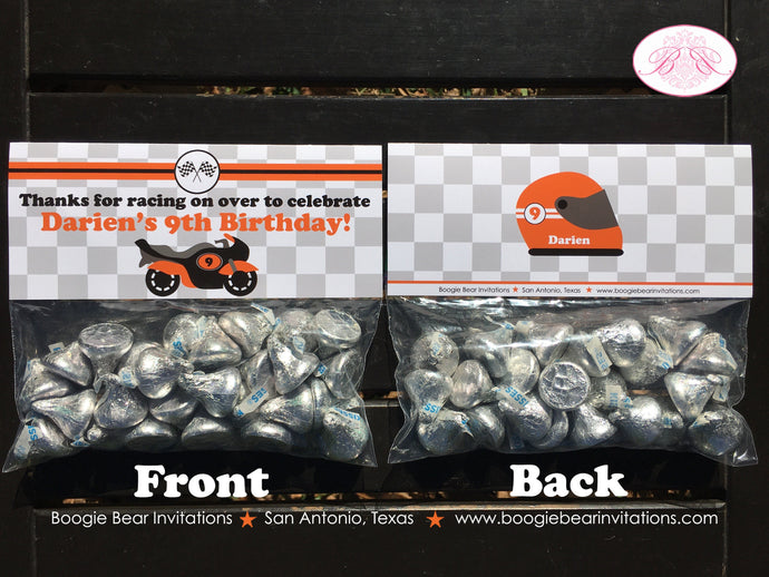 Motorcycle Birthday Party Treat Bag Toppers Folded Favor Orange Black Motocross Enduro Street Bike Race Boogie Bear Invitations Darien Theme