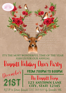 Christmas Deer Winter Party Invitation Rose Birds Autumn Woodland Animals Boogie Bear Invitations Bennett Theme Paperless Printable Printed