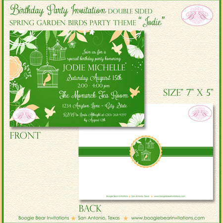Bird Flower Garden Birthday Party Invitation Woodland Forest Green Birdcage Boogie Bear Invitations Jodie Theme Paperless Printable Printed