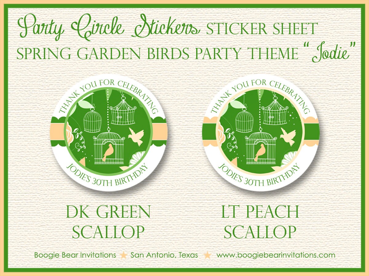 Bird Flower Garden Baby Shower Party Stickers Circle Sheet Round Woodland Forest Green Girl Birdcage Tag Boogie Bear Invitations Jodie Theme