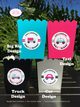 Load image into Gallery viewer, Pink Cars Trucks Party Popcorn Boxes Mini Favor Food Birthday Girl Blue Black Grey Silver Traffic Travel Boogie Bear Invitations Sally Theme
