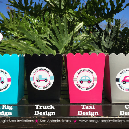 Pink Cars Trucks Party Popcorn Boxes Mini Favor Food Birthday Girl Blue Black Grey Silver Traffic Travel Boogie Bear Invitations Sally Theme