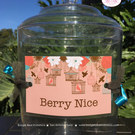 Garden Birds Party Beverage Card Drink Label Sign Wrap Birthday Girl Coral Teal Forest Outdoor Picnic Boogie Bear Invitations Coralee Theme