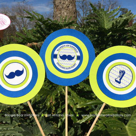 Mustache Bash Birthday Party Centerpiece Sticks Boy Navy Blue Lime Green Little Man Chevron Circle 1st Boogie Bear Invitations Walter Theme