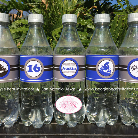 Blue Dirt Bike Birthday Party Bottle Wraps Wrappers Cover Motocross Enduro Racing Race Track Mountain Boogie Bear Invitations Austin Theme