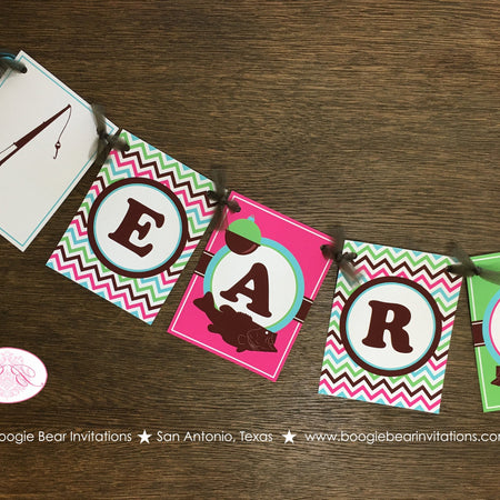 Bass Fish Fishing Birthday Party Banner Girl Pink Green Brown Aqua Blue Rustic River Rod Pole Bob Reel Boogie Bear Invitations Eartha Theme