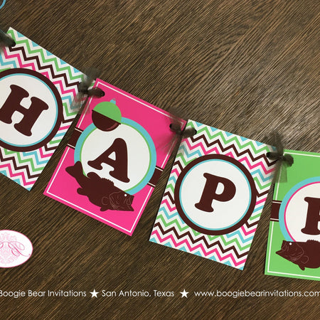 Bass Fish Fishing Happy Birthday Party Banner Boy Girl Pink Aqua Blue Green Rod Reel Pole Retro River Boogie Bear Invitations Eartha Theme