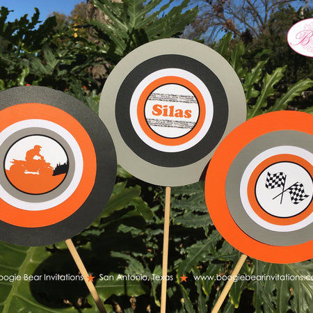 ATV Birthday Party Centerpiece Set Sticks Orange Black Quad All Terrain Vehicle 4 Wheeler Racing Track Boogie Bear Invitations Silas Theme