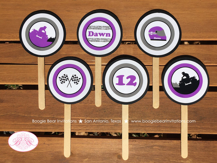 ATV Birthday Party Cupcake Toppers Quad Girl Purple Black All Terrain Vehicle Quad 4 Wheeler Racing Track Boogie Bear Invitations Dawn Theme