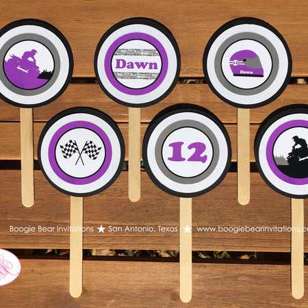 ATV Birthday Party Cupcake Toppers Quad Girl Purple Black All Terrain Vehicle Quad 4 Wheeler Racing Track Boogie Bear Invitations Dawn Theme