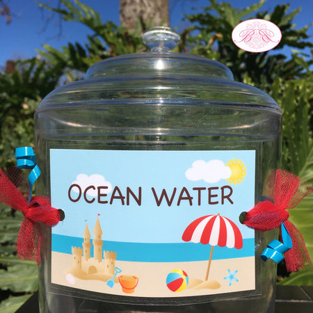 Retro Beach Party Beverage Card Wrap Drink Label Sign Birthday Boy Girl Ocean Blue Swim Swimming Splash Boogie Bear Invitations Dustin Theme