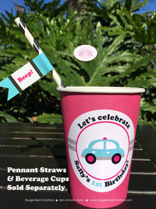 Pink Cars Trucks Birthday Party Beverage Cups Paper Drink Girl Blue Black Honk Beep Road Trip Travel Boogie Bear Invitations Sally Theme