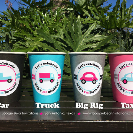 Pink Cars Trucks Birthday Party Beverage Cups Paper Drink Girl Blue Black Honk Beep Road Trip Travel Boogie Bear Invitations Sally Theme