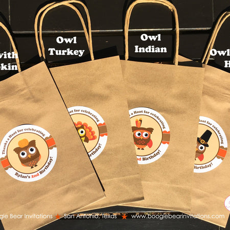 Thanksgiving Owls Party Favor Bag Treat Handled Birthday Boy Girl Turkey Pumpkin Harvest Farm Red Barn Boogie Bear Invitations Rylan Theme