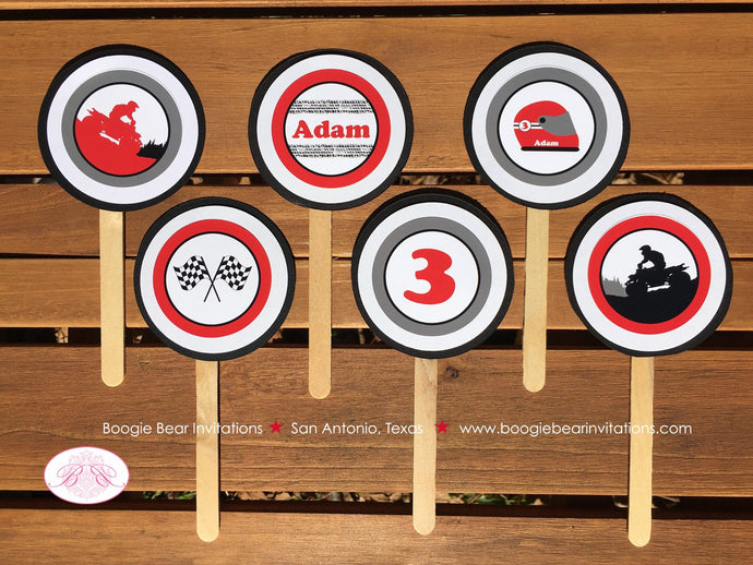 ATV Birthday Party Cupcake Toppers Quad Boy Girl Red Black All Terrain Vehicle 4 Wheeler Off Road Racing Boogie Bear Invitations Adam Theme