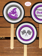 Load image into Gallery viewer, Purpke Dirt Bike Birthday Party Cupcake Toppers Set Black Motocross Track Bike Enduro Motorcycle Ride Boogie Bear Invitations Debra Theme