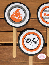 Load image into Gallery viewer, Orange Dirt Bike Birthday Party Cupcake Toppers Set Black Enduro Motocross Racing Race Track Motorcycle Boogie Bear Invitations Raine Theme