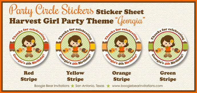 Autumn Harvest Girl Party Circle Stickers Birthday Sheet Round Fall Pumpkin Country Forest Woodland Boogie Bear Invitations Georgia Theme