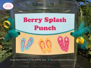 Flip Flop Pool Party Beverage Card Wrap Drink Label Sign Birthday Swim Swimming Splash Girl Pink Aqua Boogie Bear Invitations Aubrey Theme
