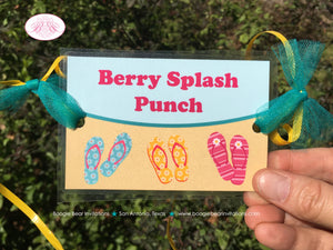 Flip Flop Pool Party Beverage Card Wrap Drink Label Sign Birthday Swim Swimming Splash Girl Pink Aqua Boogie Bear Invitations Aubrey Theme