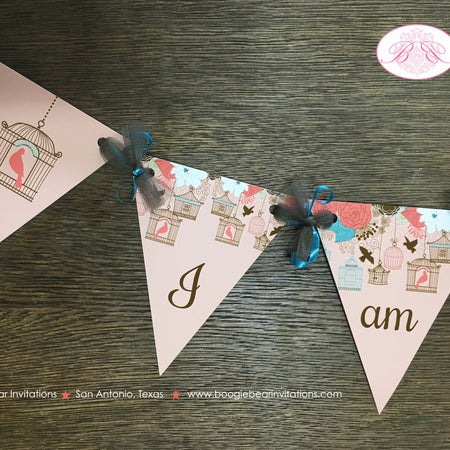 Garden Birds Pennant I am 1 Banner Birthday Party Highchair Girl Birdcage Outdoor Picnic Peach Aqua Boogie Bear Invitations Coralee Theme