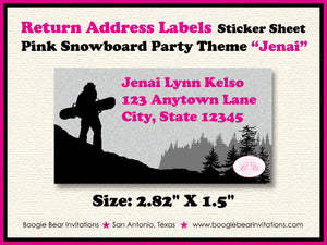 Snowboarding Birthday Party Invitation Pink Girl Mountain Snow Board Ride Snowboard Black Sports Boogie Bear Invitations Jenai Theme Printed