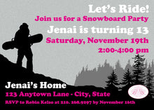 Load image into Gallery viewer, Snowboarding Birthday Party Invitation Pink Girl Mountain Snow Board Ride Snowboard Black Sports Boogie Bear Invitations Jenai Theme Printed