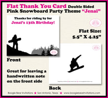 Load image into Gallery viewer, Snowboarding Birthday Party Thank You Card Pink Black Snow Board Girl Snowboard Winter Mountain Boogie Bear Invitations Jenai Theme Printed