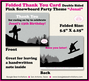 Snowboarding Birthday Party Thank You Card Pink Black Snow Board Girl Snowboard Winter Mountain Boogie Bear Invitations Jenai Theme Printed