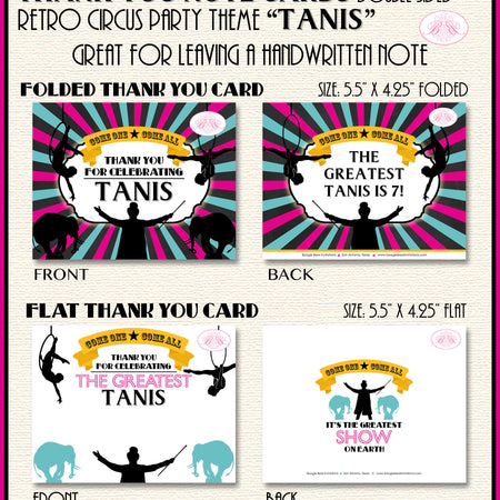 Circus Showman Party Thank You Card Birthday Animals Pink Girl Big Top 3 Ring Carnival Show Boogie Bear Invitations Tanis Theme Printed