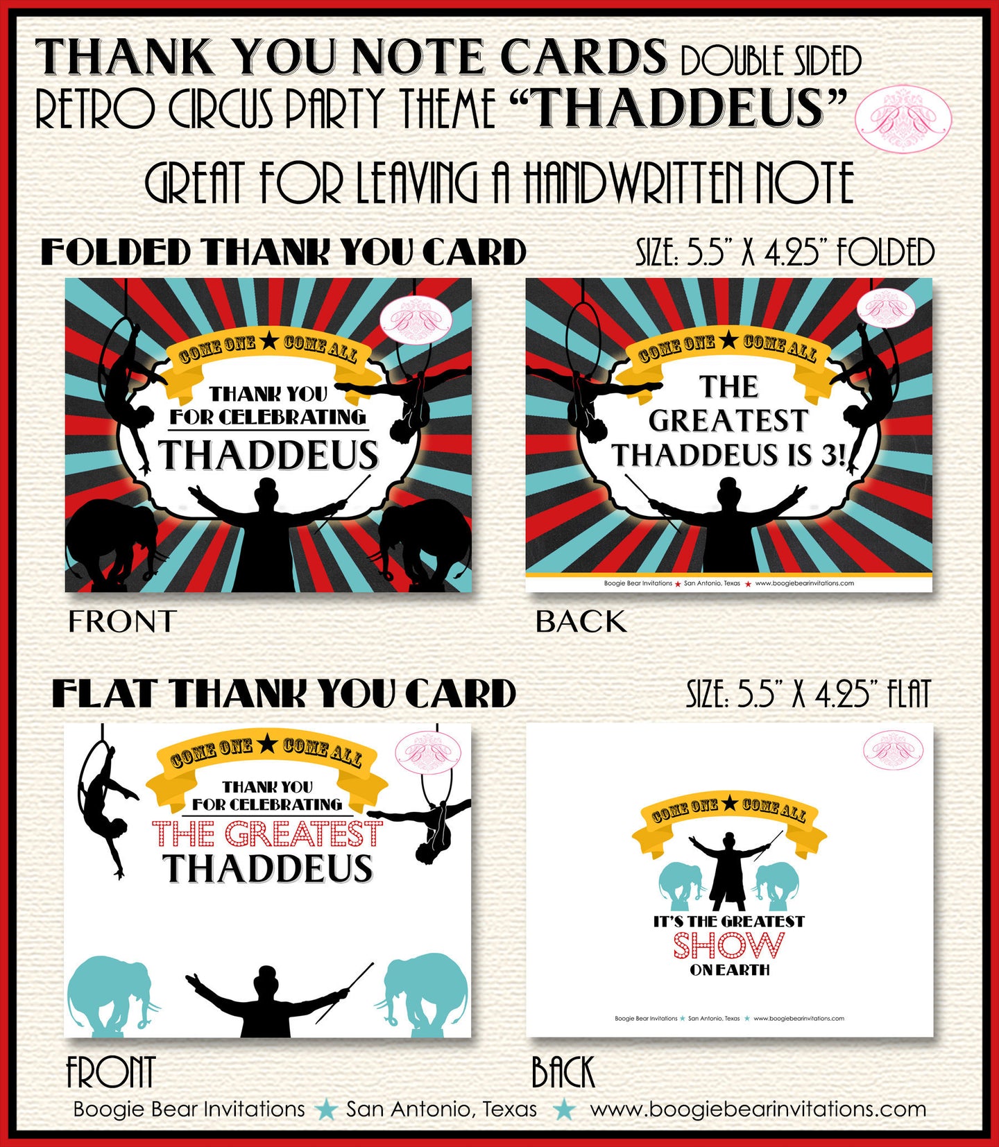 Circus Showman Party Thank You Card Birthday Animals Boy Girl Big Top 3 Ring Carnival Show Boogie Bear Invitations Thaddeus Theme Printed