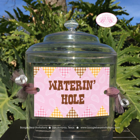 Pink Cowgirl Party Beverage Card Wrap Drink Label Sign Birthday Girl Country Farm Barn Ranch Rodeo Horse Boogie Bear Invitations Julie Theme